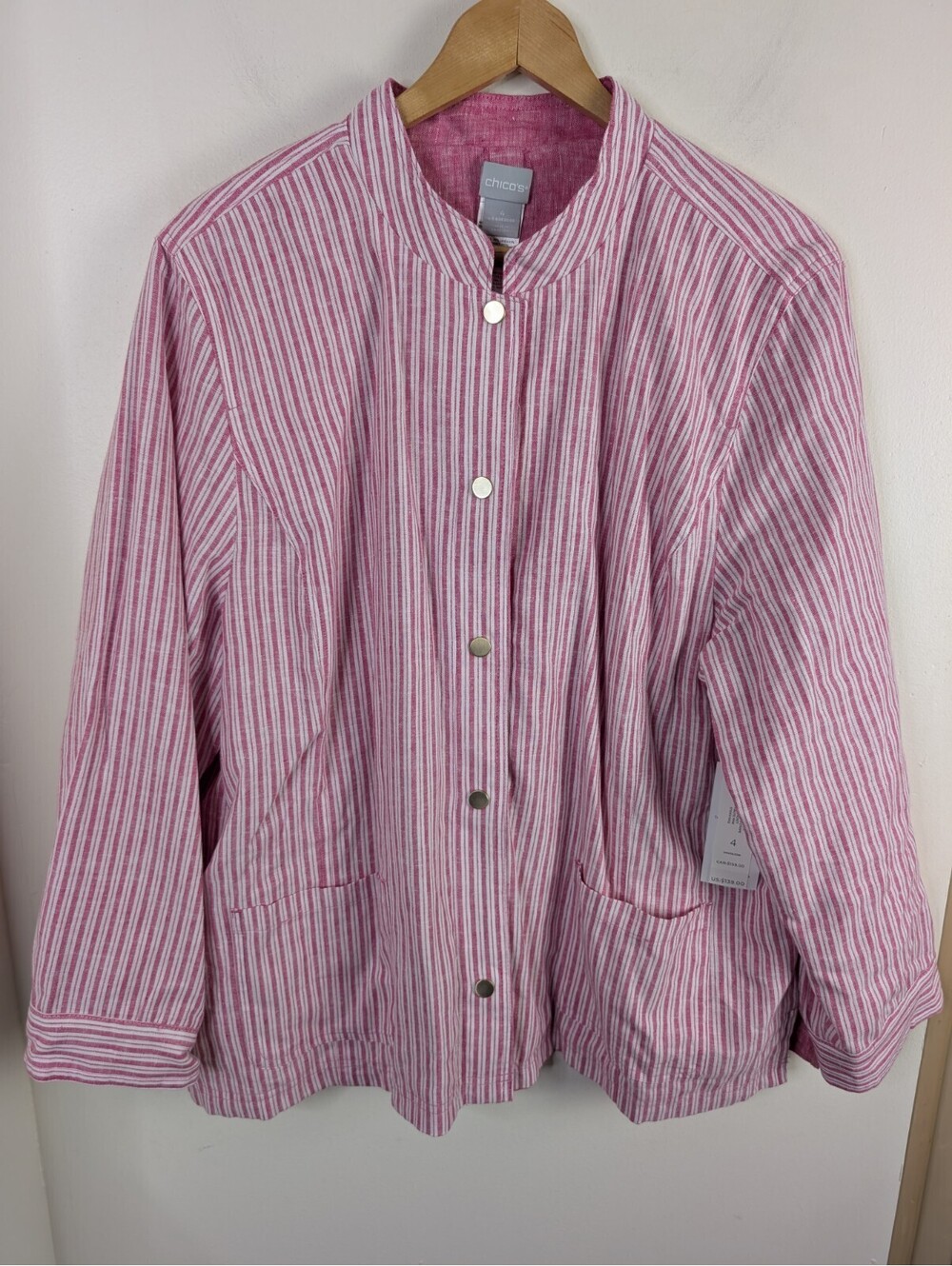 Chicos Size 4 XXL Pink Reversible Linen Jacket Railroad Stripes Haute Button New